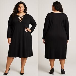 Lane Bryant Black Lace Up Long Sleeve Midi Dress Women’s Size 26 Plus Stretch